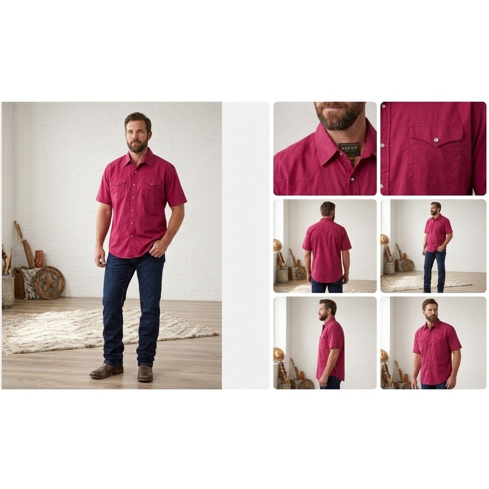 Roper Western Shirt Mens Pink XL Flap Pocket Snap Front Short Sleeve Button-Up